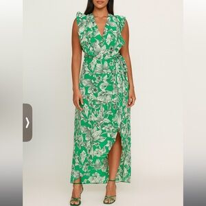Romantic Maxi floral faux wrap dress green